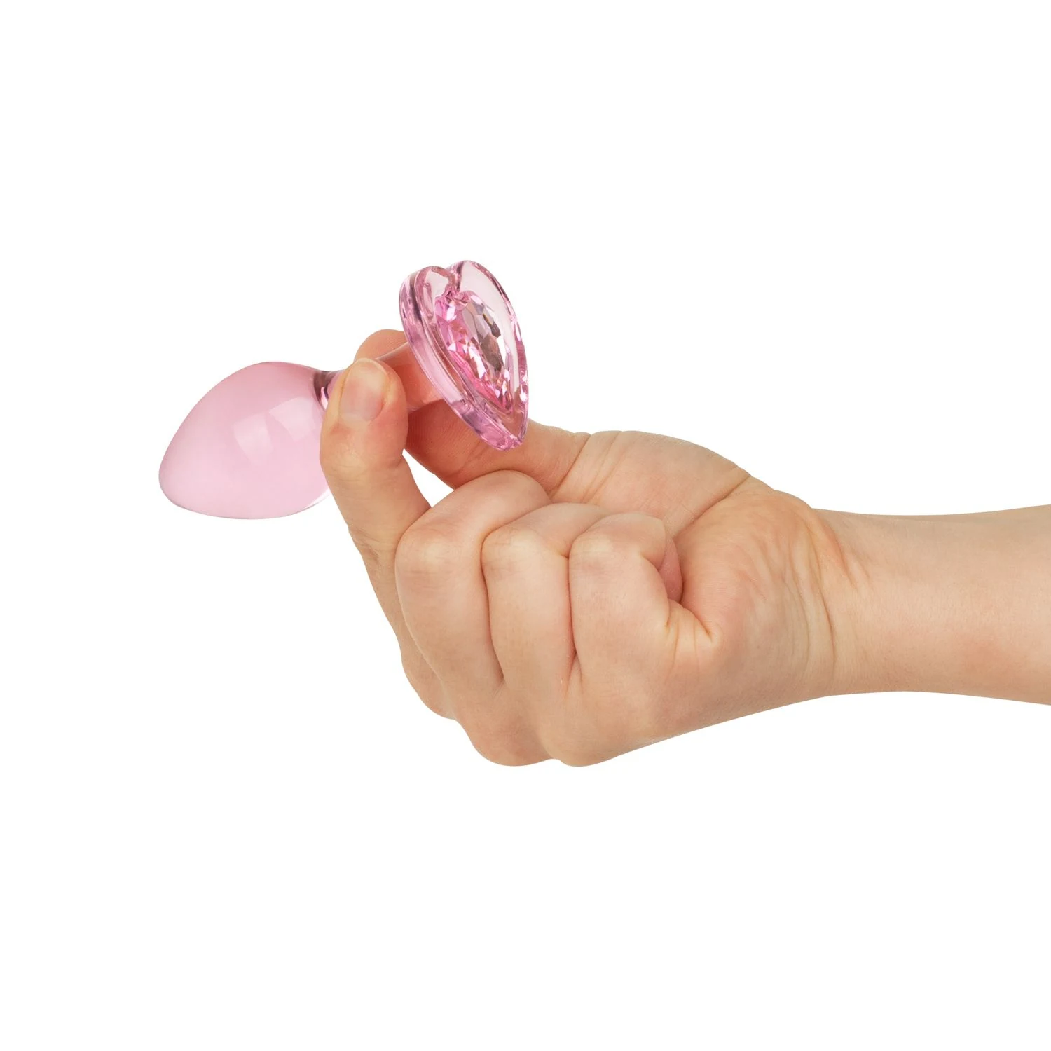 Roze glazen buttplug met hartvormige basis, lengte 83 mm