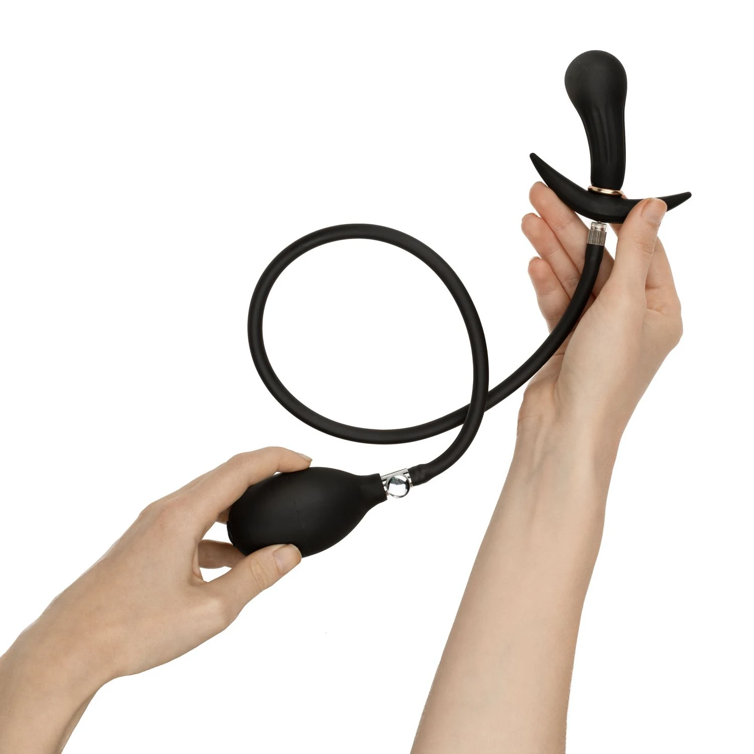 Zwarte buttplug van siliconen, PVC en metaal met interne stalen bal
