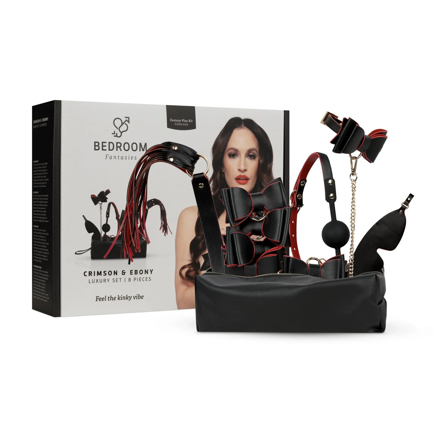 8-delige BDSM set van Bedroom Fantasies met handboeien, kraag, riem, ballgag en flogger