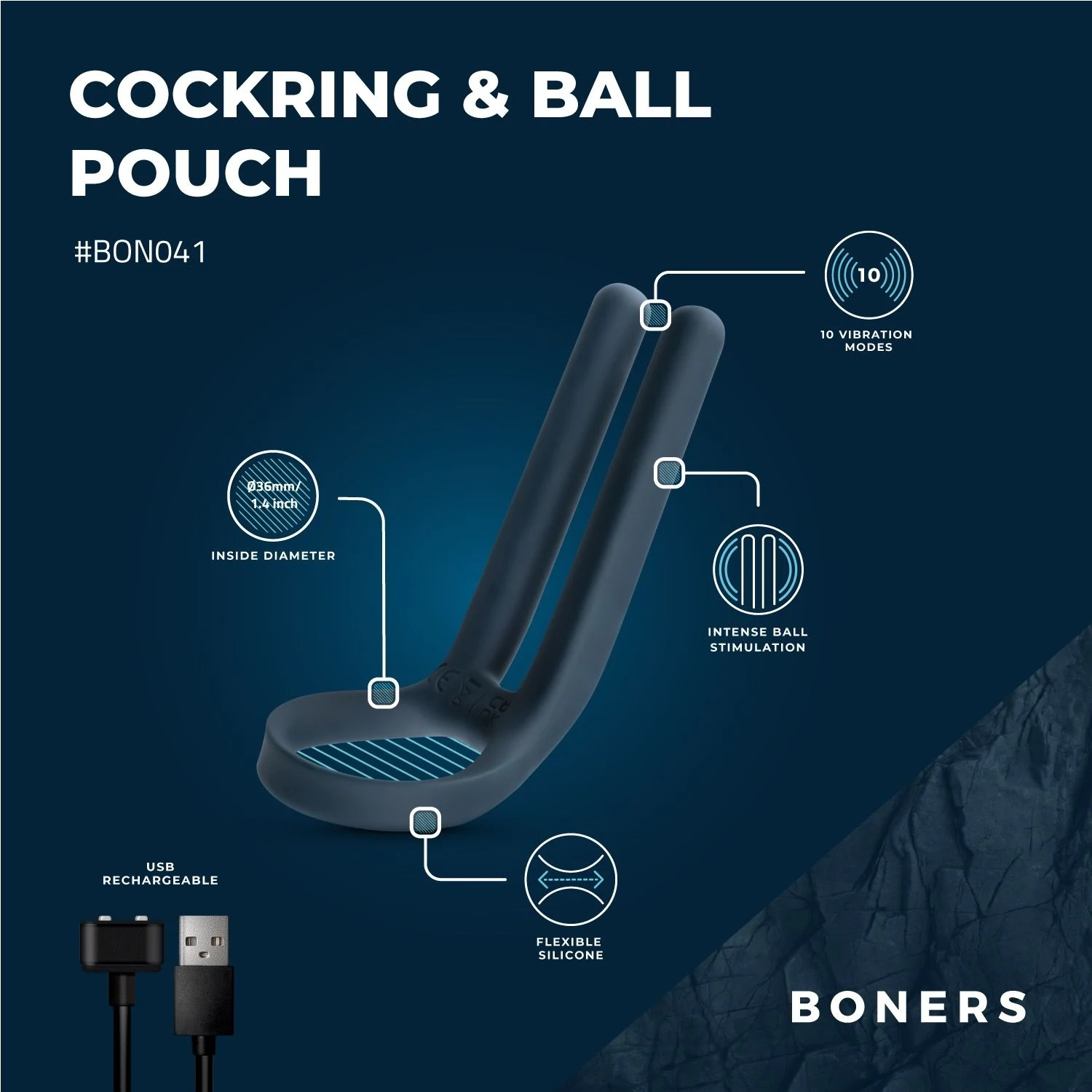 Vibrerende cockring blauw van Boners met 10 vibratiestanden en patronen