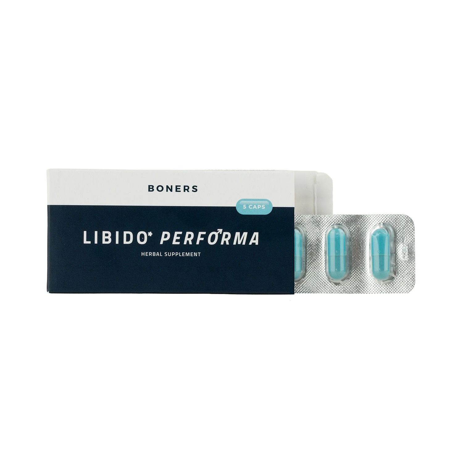 Boners Libido Performa herbal supplement, verpakking met 5 capsules voor hem