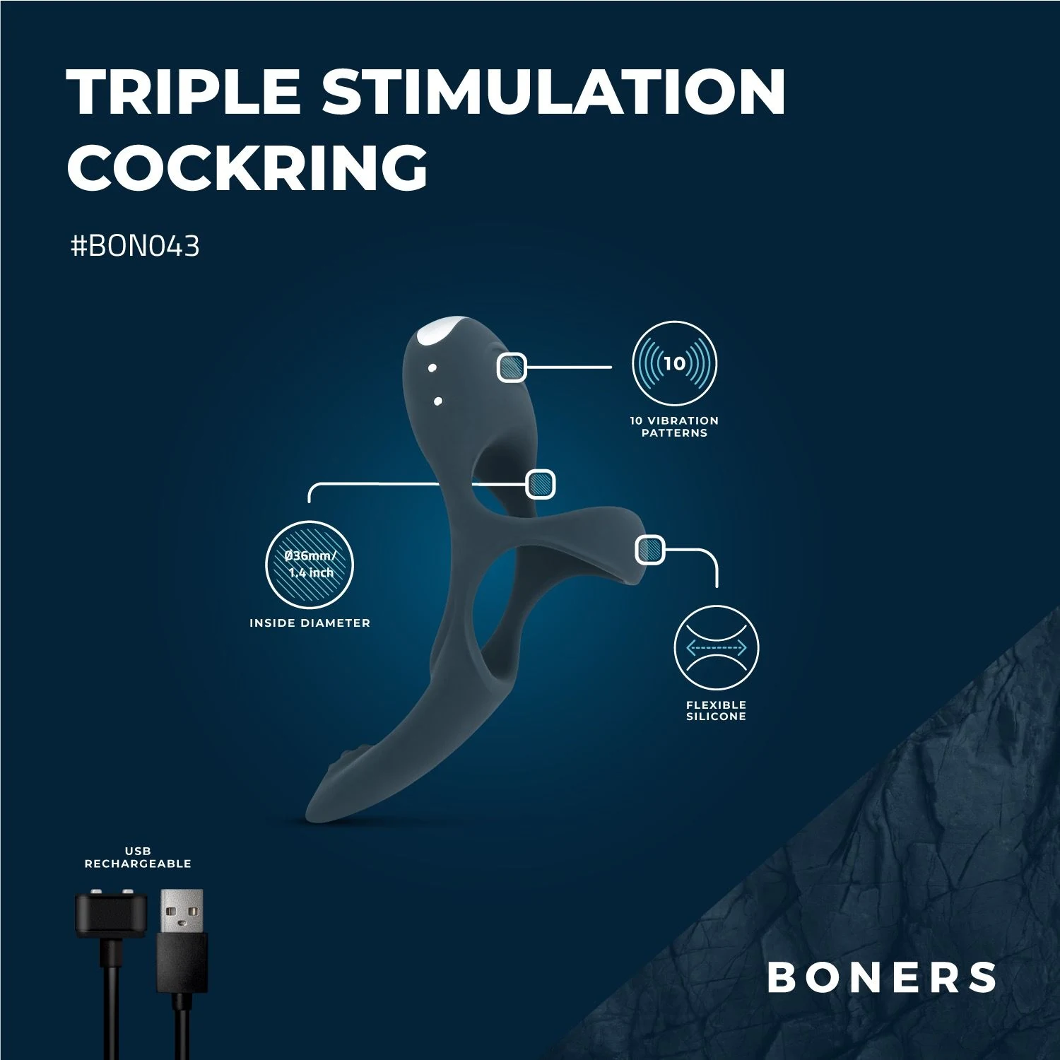Boners Triple Cockring waterproof met USB-oplaadkabel