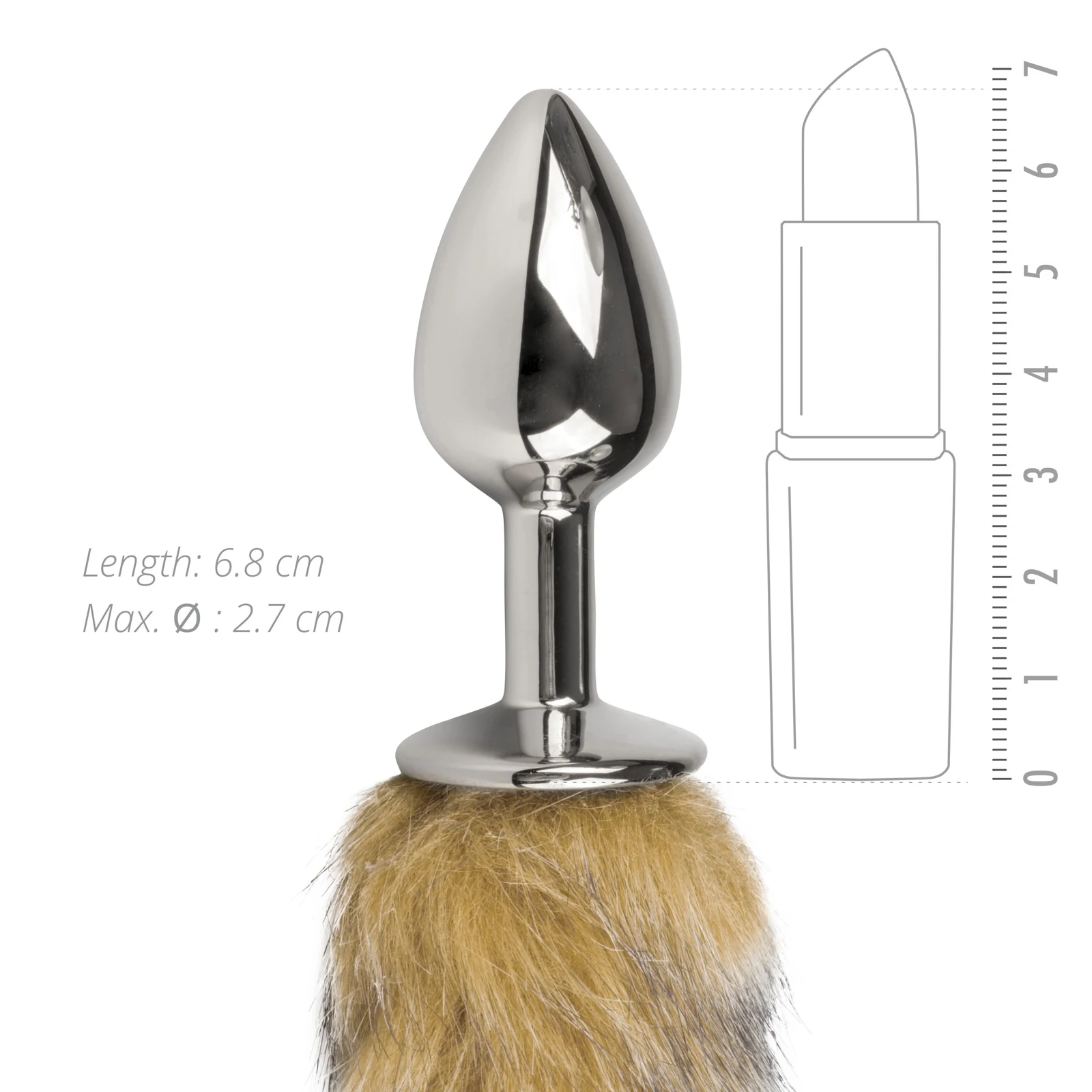 Zilverkleurige metalen buttplug met gestreepte bruine vossenstaart