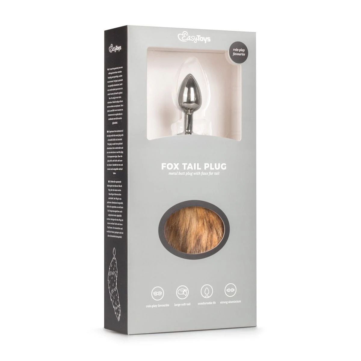 Zilverkleurige buttplug met platte onderkant en zachte vossenstaart