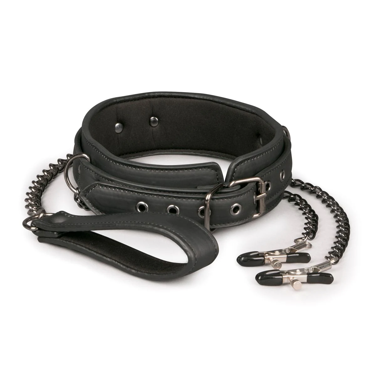 Easytoys Fetish kunstleren halsband met tepelklemmen in zwart