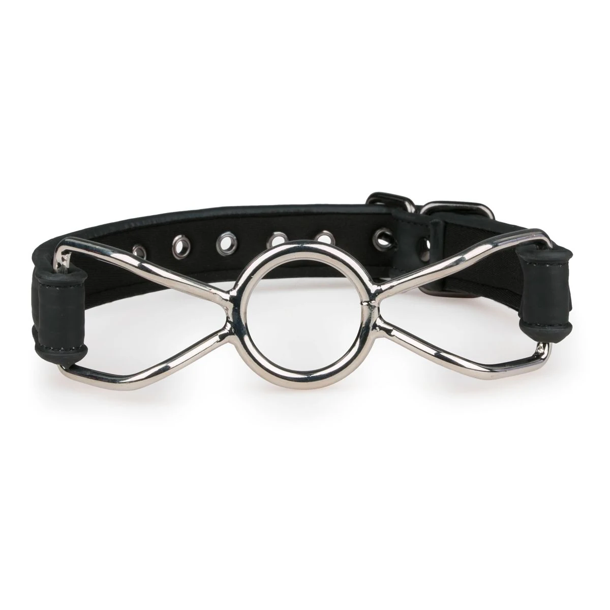 Zwarte metalen ball gag met ronde opening en maximale diameter 30 mm