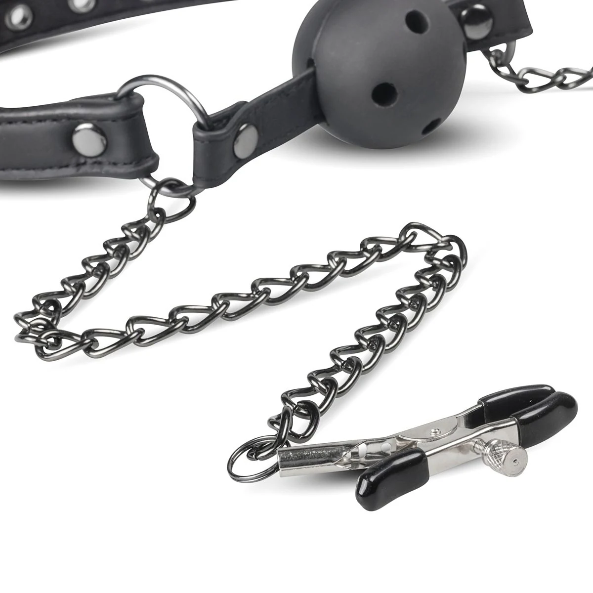 Zwarte open ball gag met tepelklemmen en kettingen