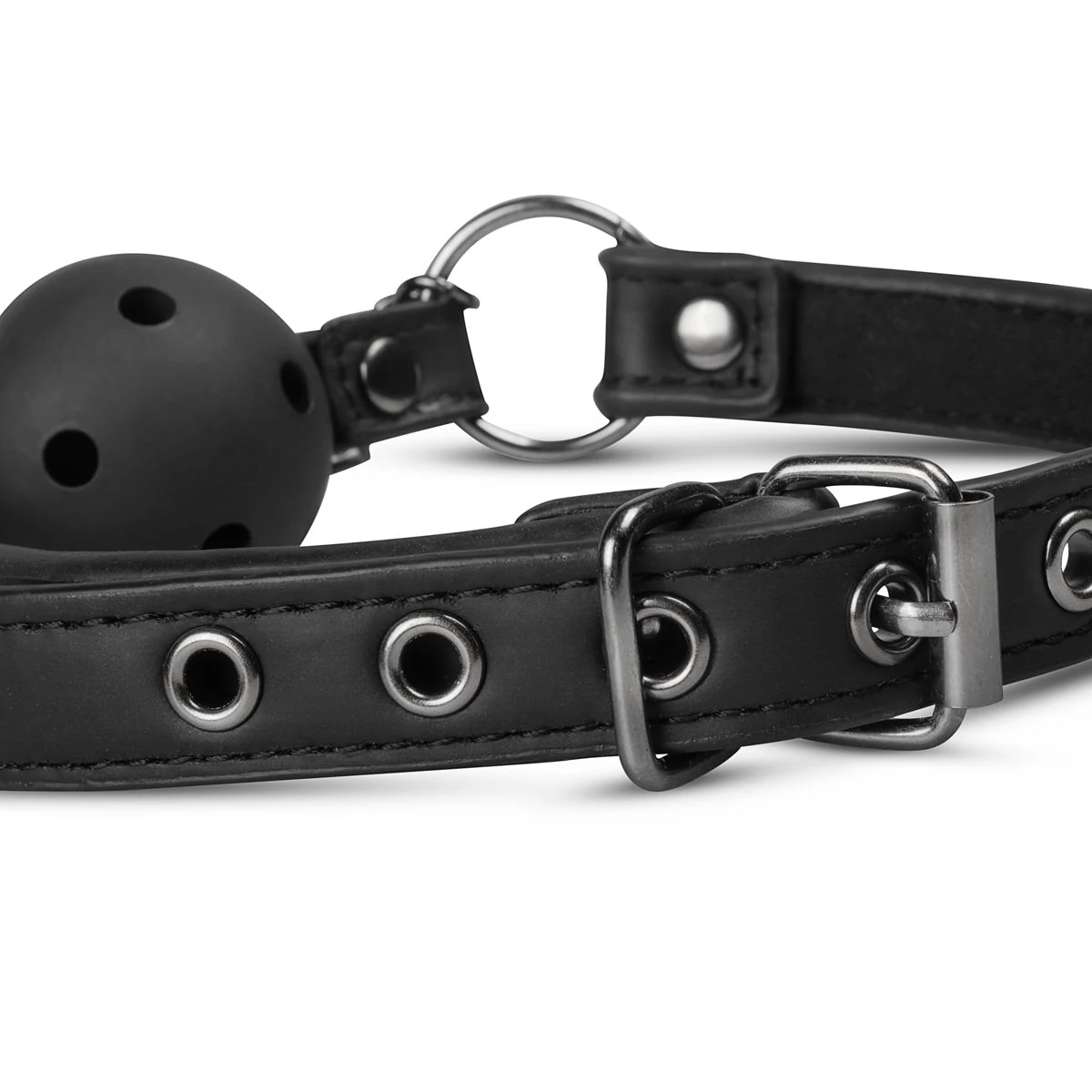 Open ball gag met tepelklemmen van ABS, kunstleer en aluminium