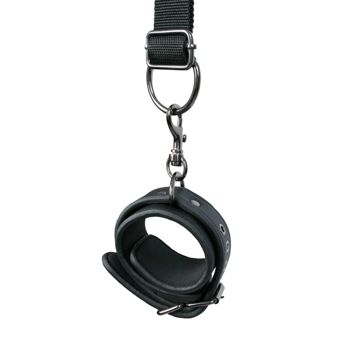 Zwarte unisex positie riem met enkelboeien en banden van 12 tot 150 cm