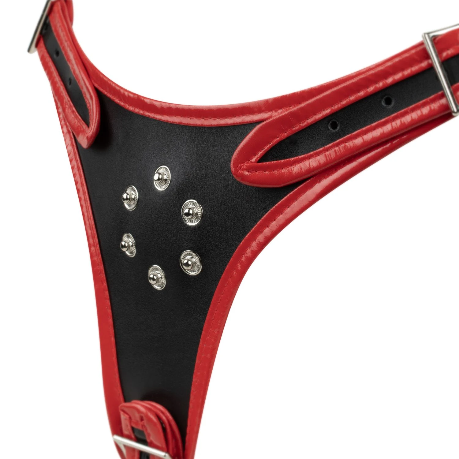 Afneembaar triple dildo harnas van PVC, polyurethaan, kunstleer en ijzer
