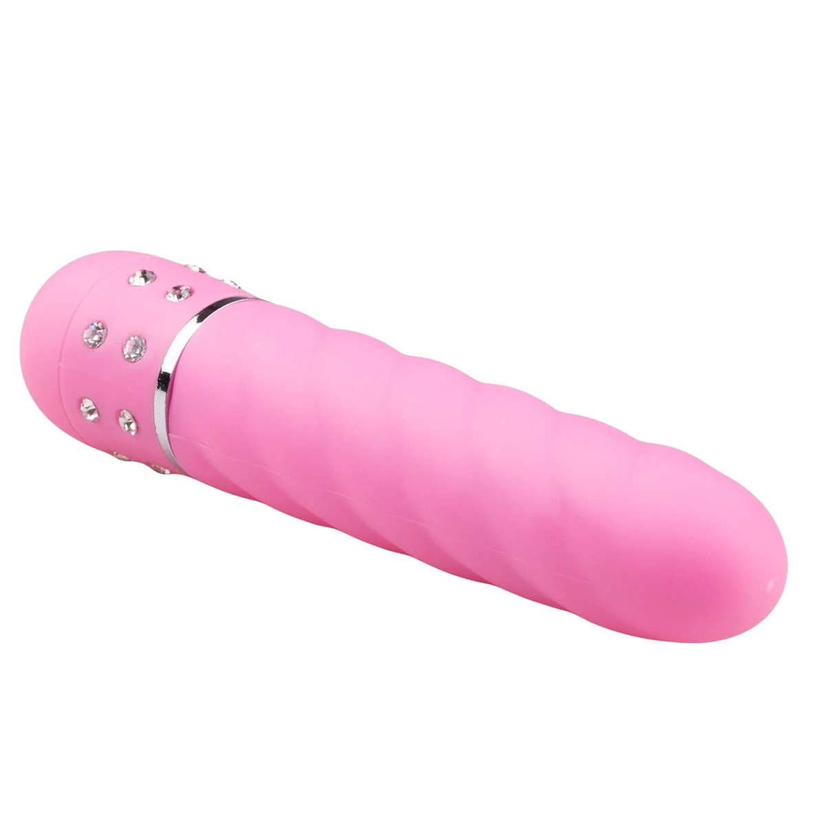 Roze mini vibrator met rechte schacht, gedraaide groeven en diamantjes onderaan