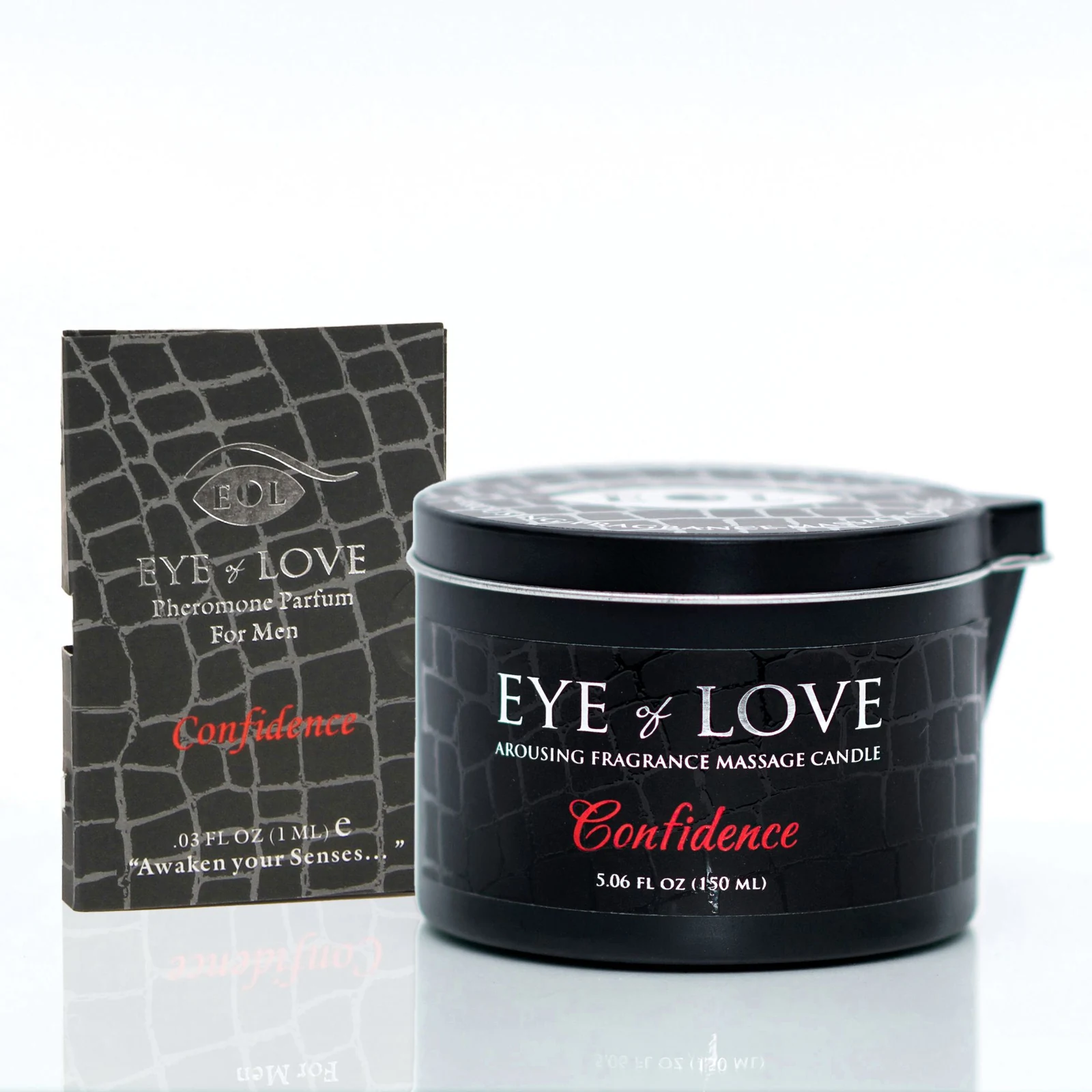 Confidence massagekaars van Eye of Love in zwarte verpakking