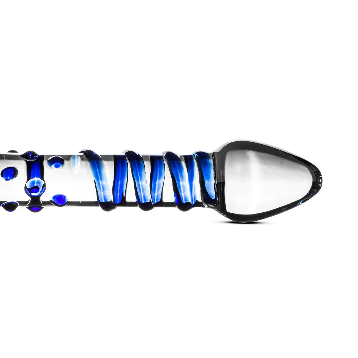 Glazen dubbele dildo van Gildo met ribbels, nopjes en twee taps toelopende toppen