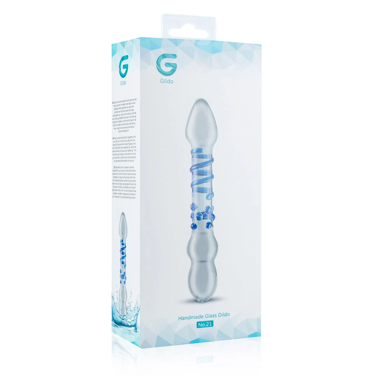 Glazen dubbele dildo met twee bruikbare kanten en diepblauwe details