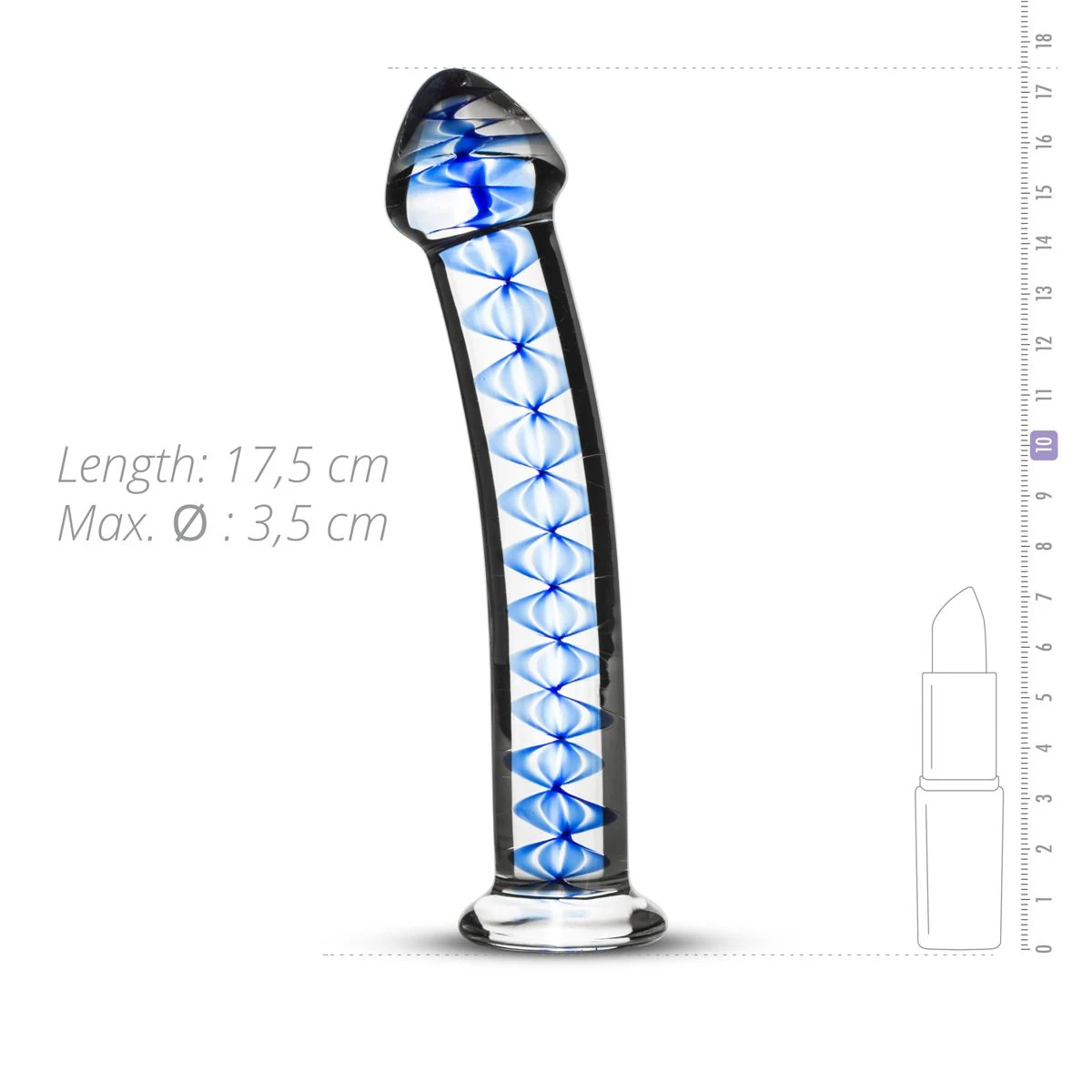 Glazen G-spot prostaat dildo van 175 mm met blauwe spiraal en transparante kleur