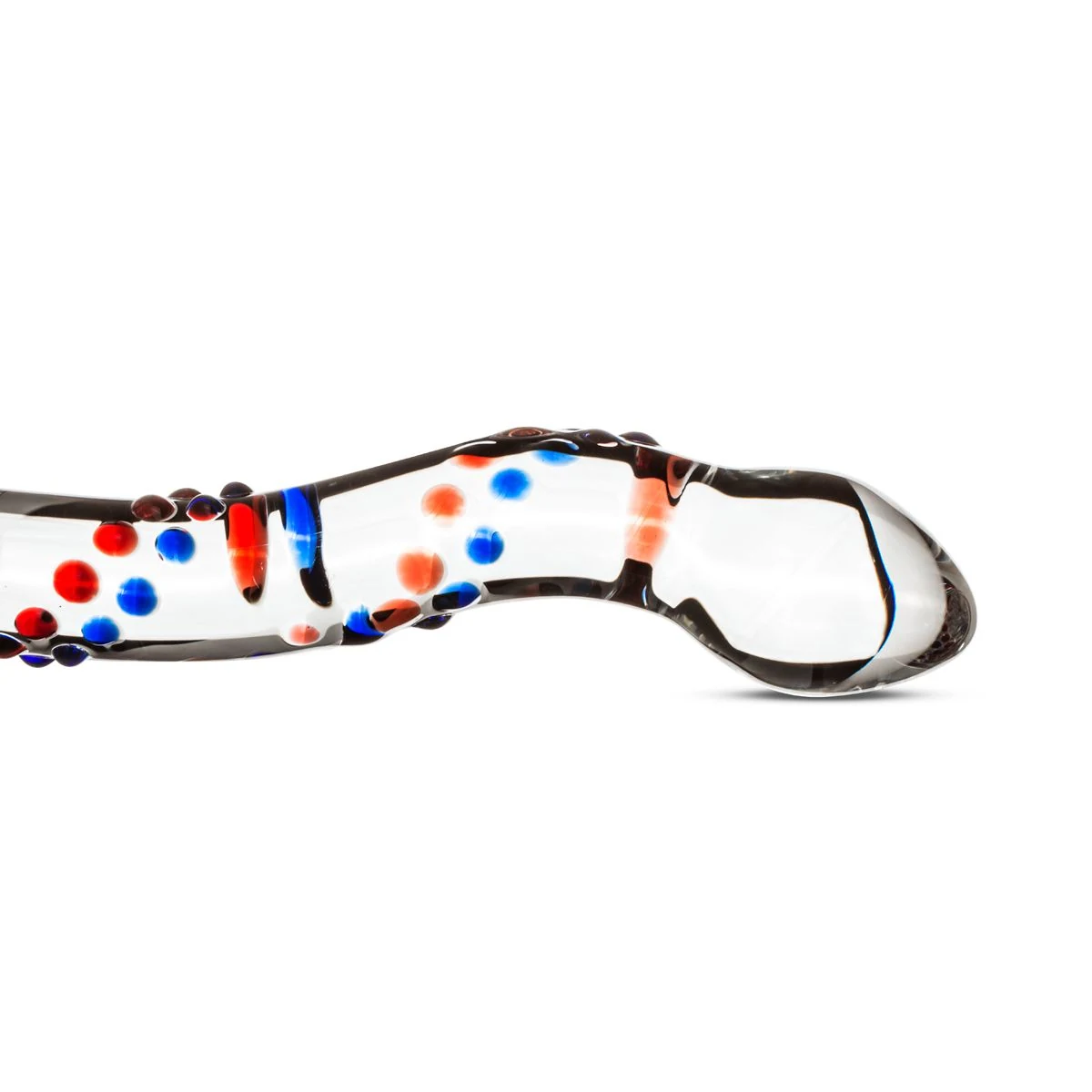 Transparante glazen prostaatdildo met blauwe en rode details