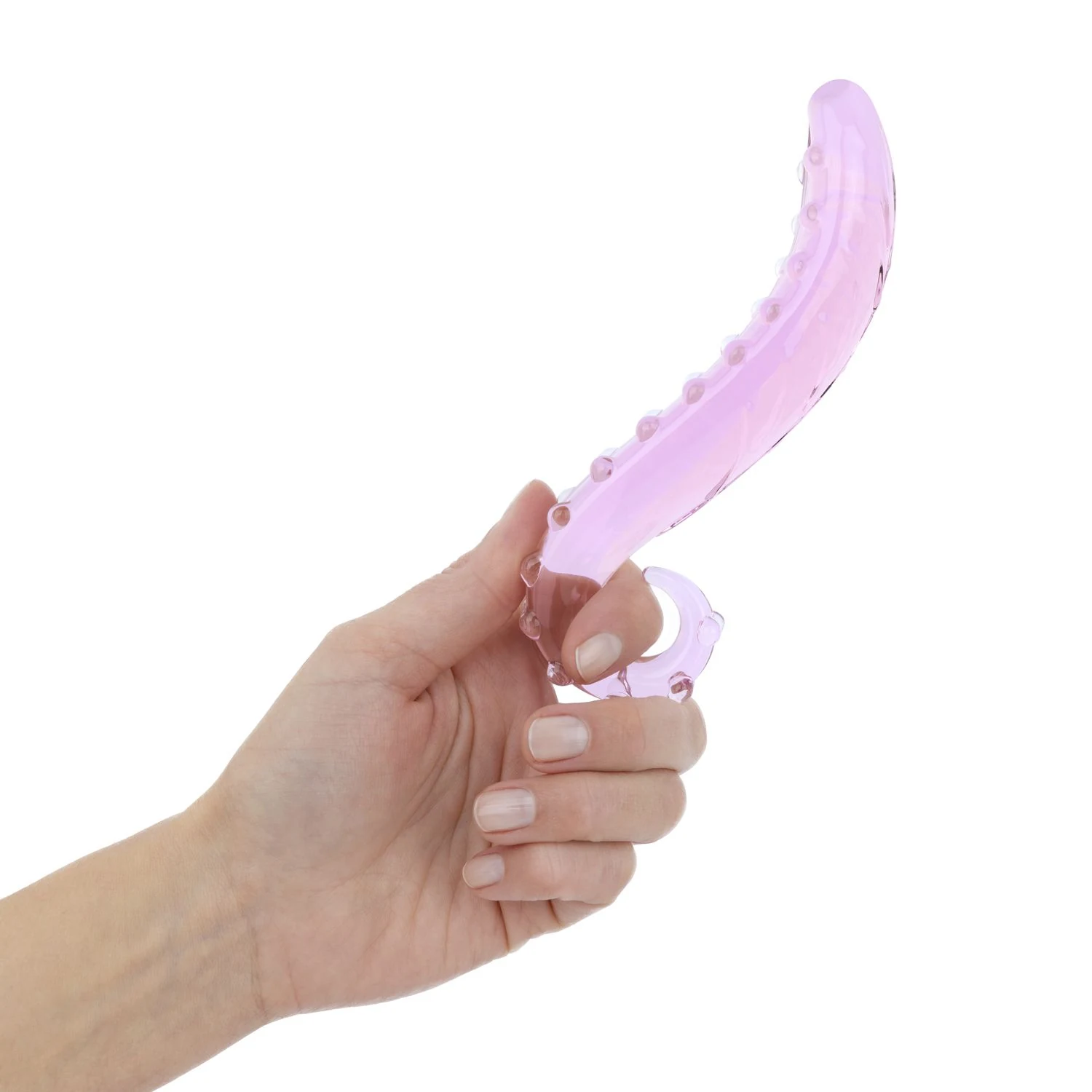 Roze glazen dildo van Gildo met golvende structuur en lusvormig handvat