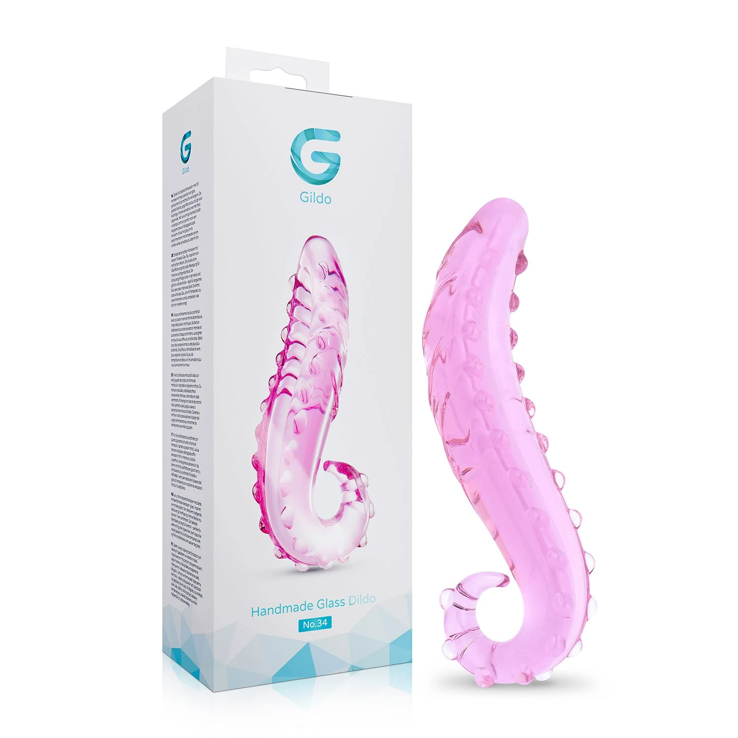 No. 34 Tentakel glazen dildo van glas met roze kleur en handvat