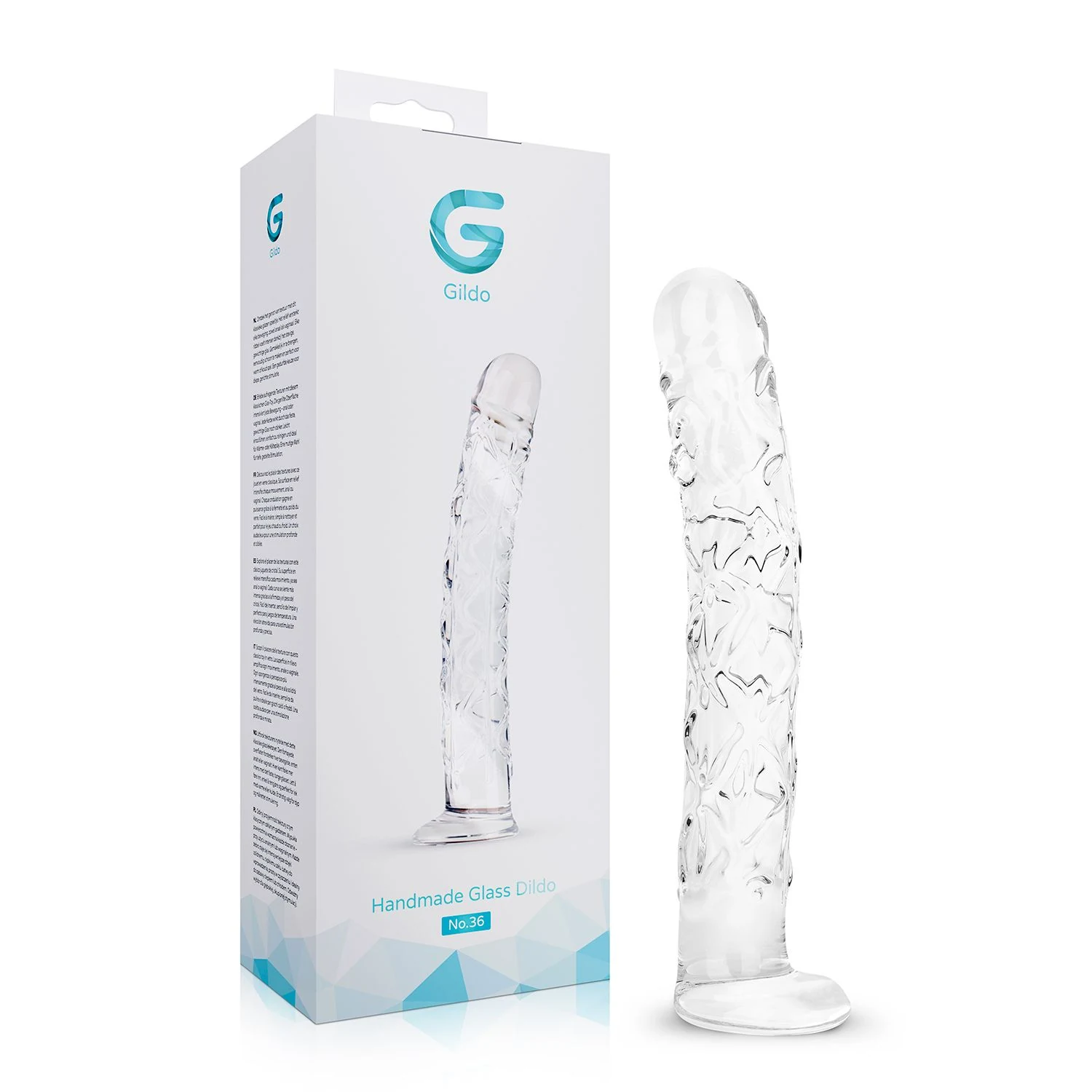 Transparante glazen dildo met ribbels, nopjes en breedte van 45 mm