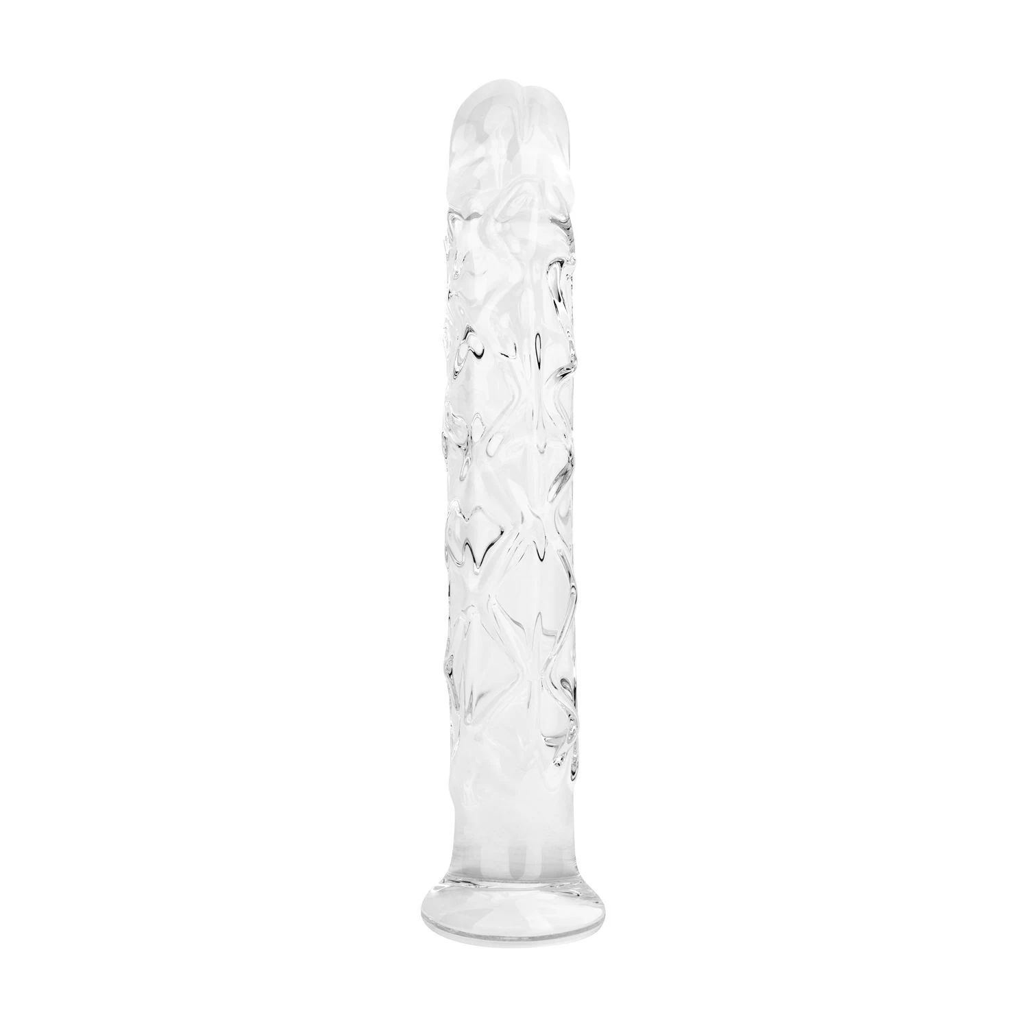 Transparante glazen dildo van glas met ribbels, zonder zuignap