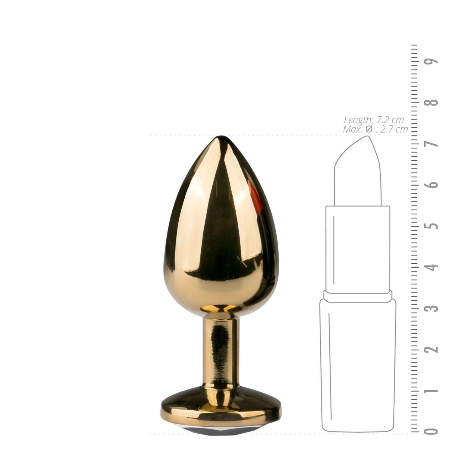 Goudkleurige metalen buttplug, 72 mm lang met maximale diameter 27 mm