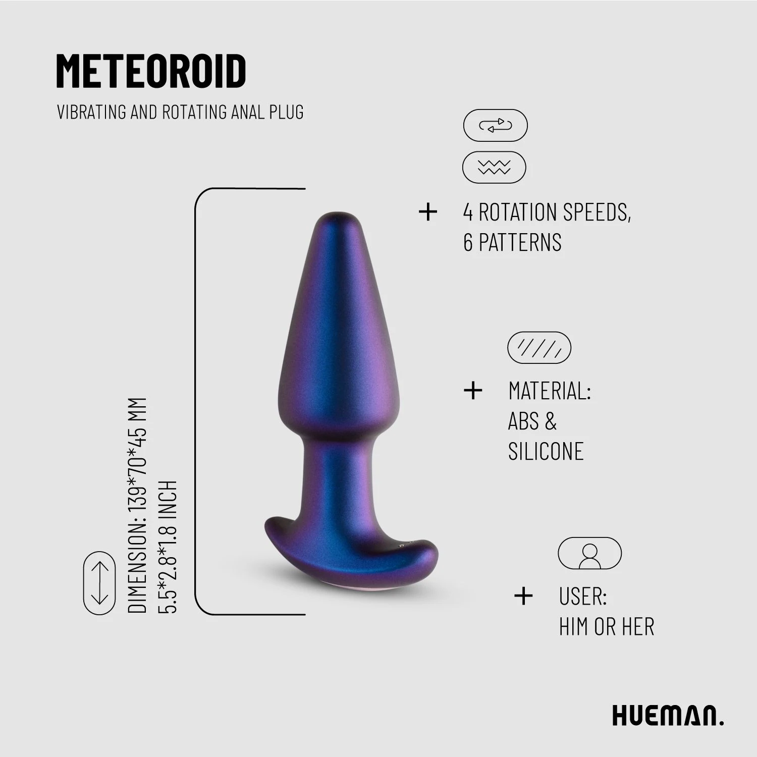 Hueman Meteoroid buttplug met variabele rotatiestanden voor anale stimulatie