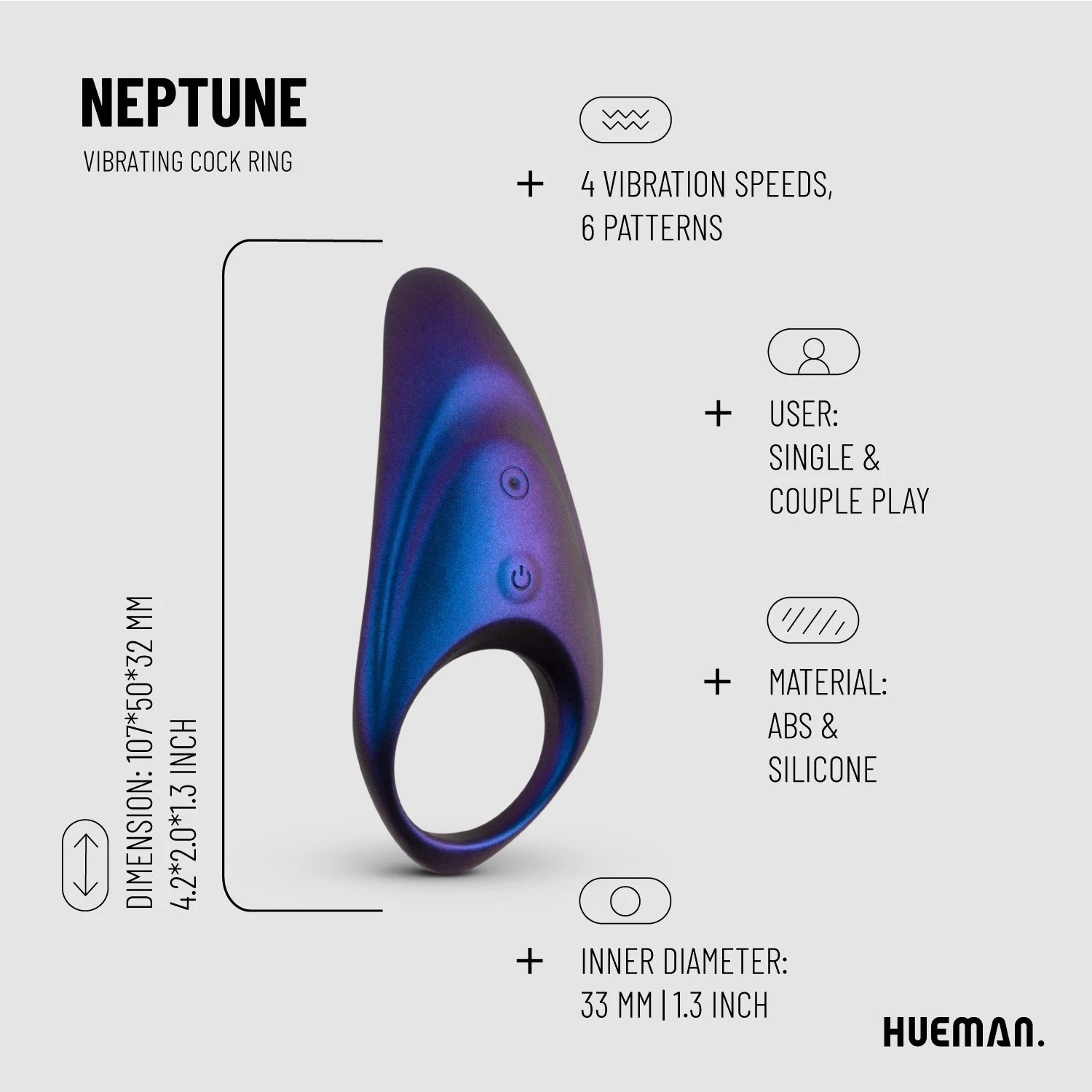 Hueman Neptune vibrerende cockring met 4 snelheden en 6 patronen