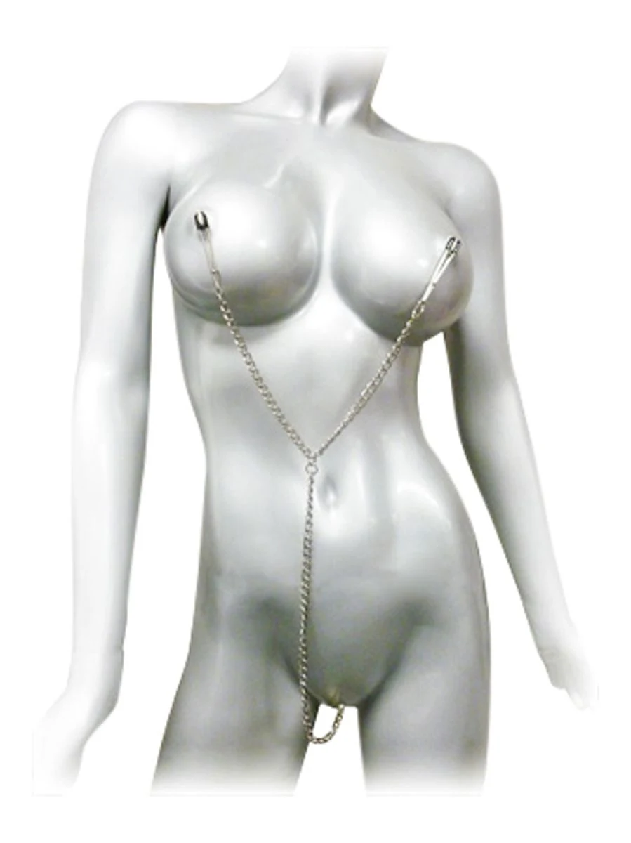 Zilveren tepel en clitoris klemmenset met kettingen en schuifring van Master Series