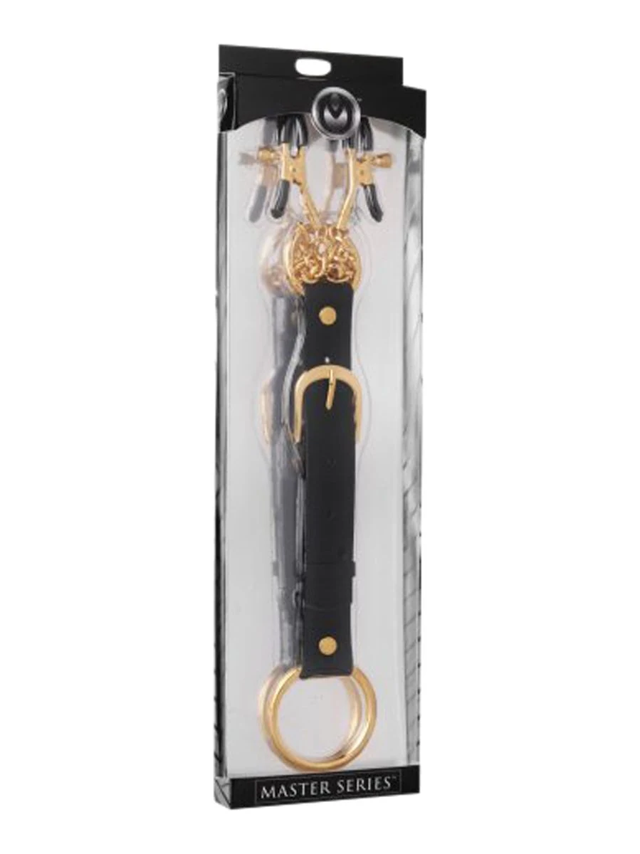 Gouden tepelklemmen met cockring voor penis- en tepelstimulatie, lengte 620 mm