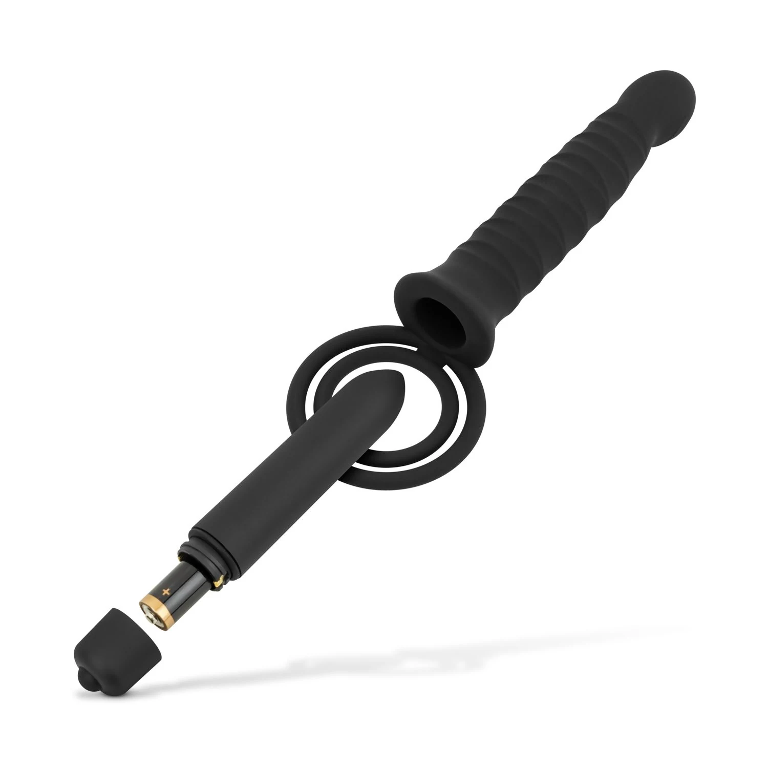 Zwarte dildo met penisring, 125 mm lang en 22 mm maximale diameter