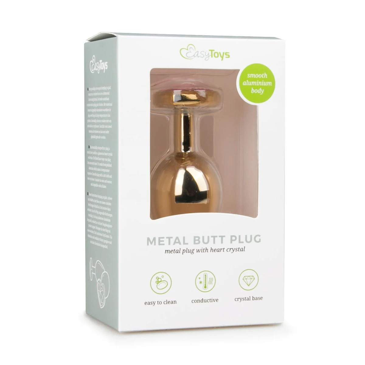 Goudkleurige metalen buttplug met hartje, taps toelopend met smalle hals