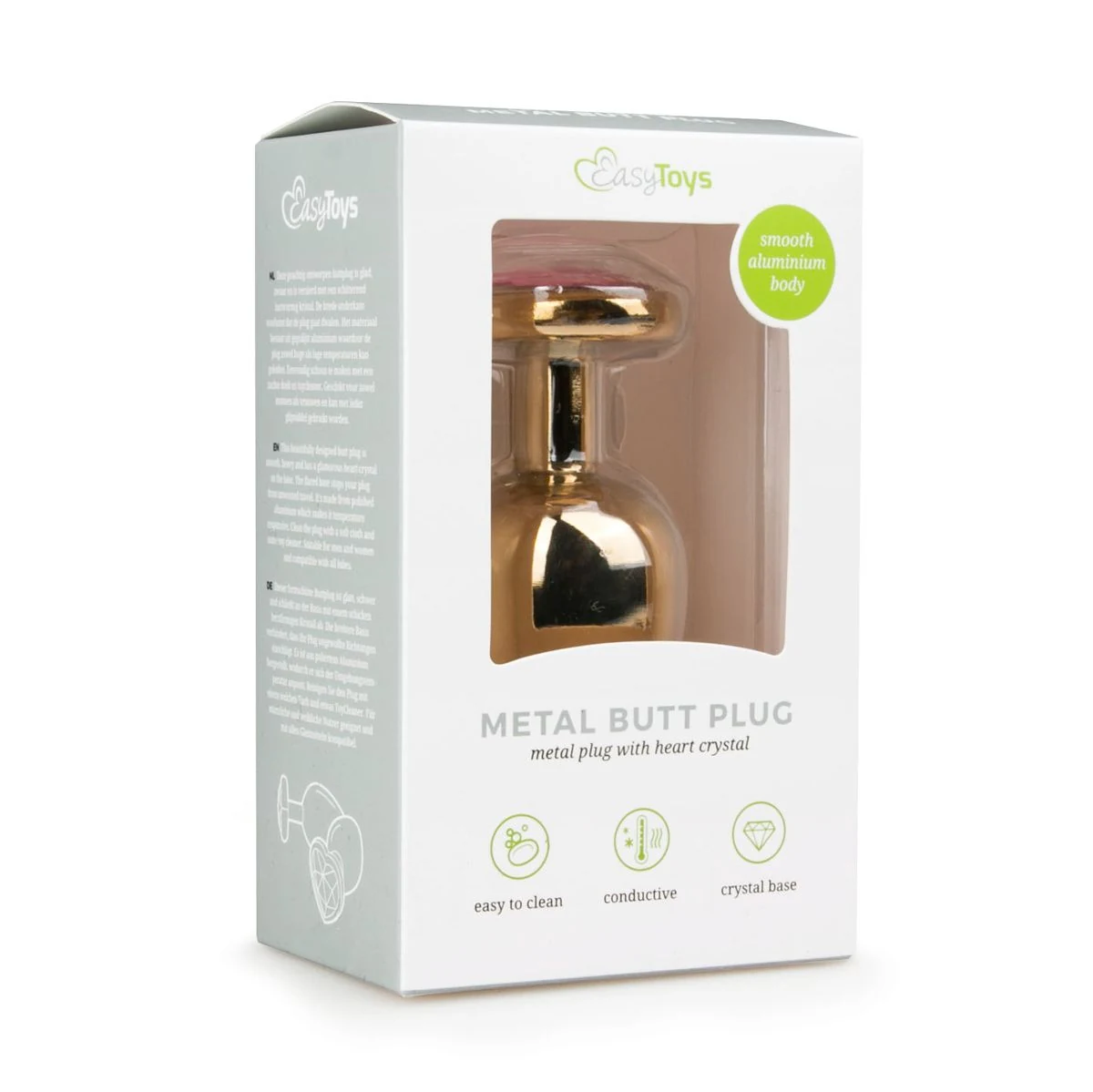 Goudkleurige metalen buttplug met roze hartvormig kristal