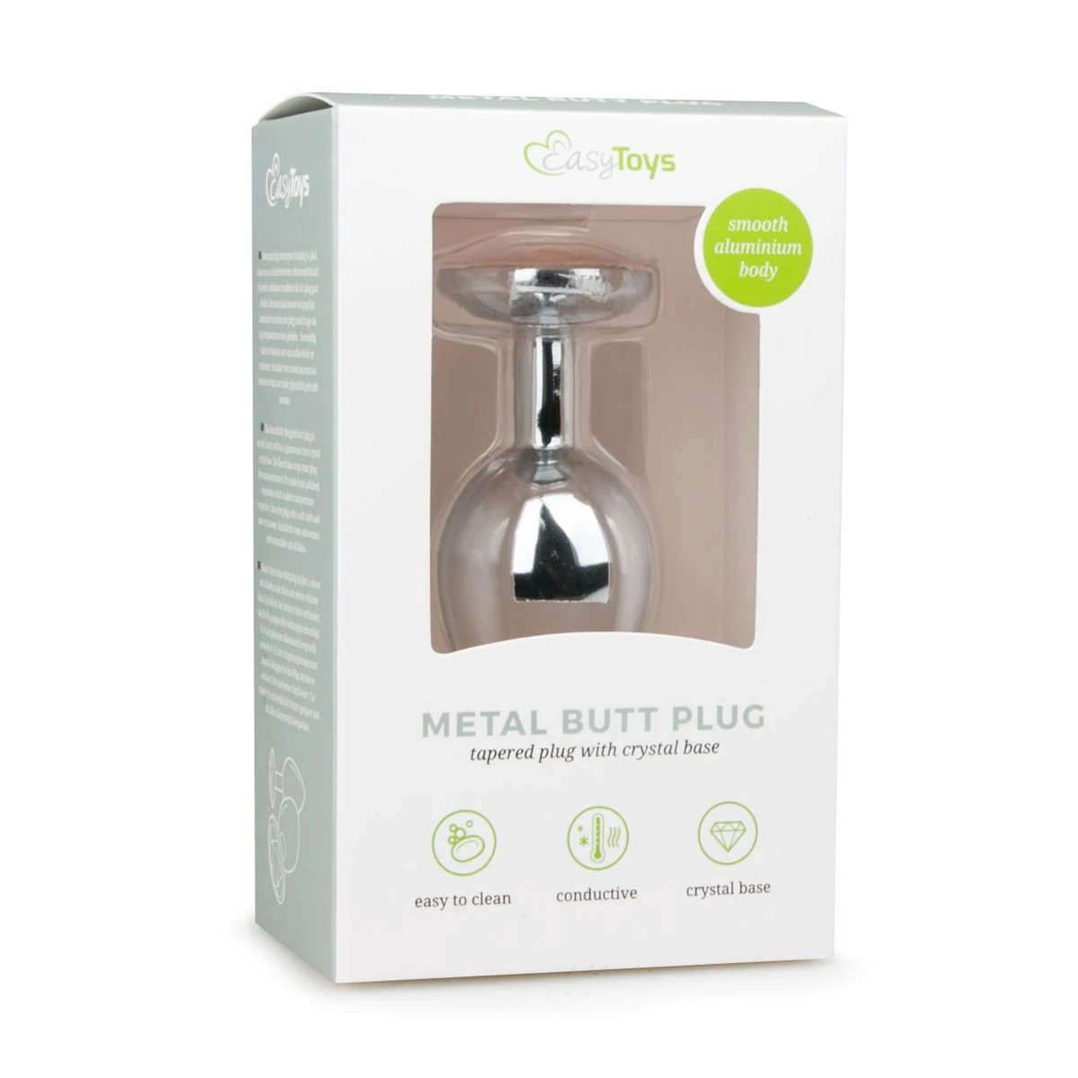 Zilverkleurige metalen buttplug met transparante steen en platte onderkant
