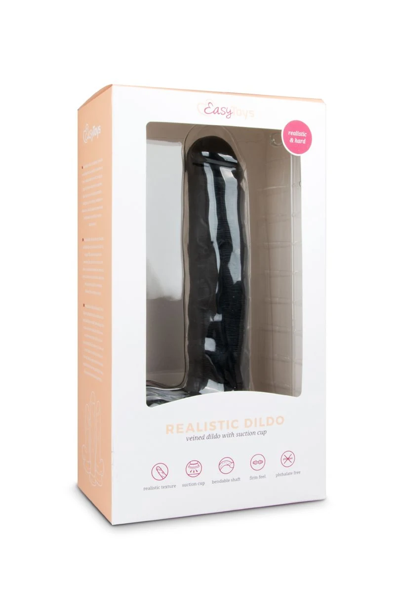 Zwarte realistische dildo met balzak, geaderde schacht en ronde eikel