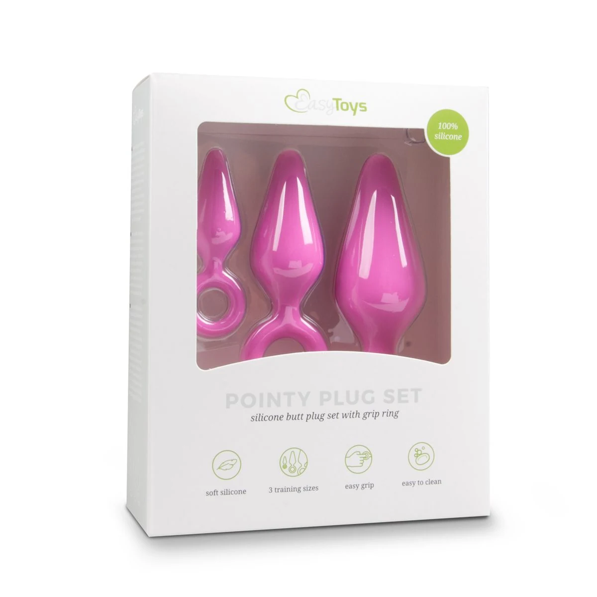 Roze buttplugs met trekring in drie verschillende maten