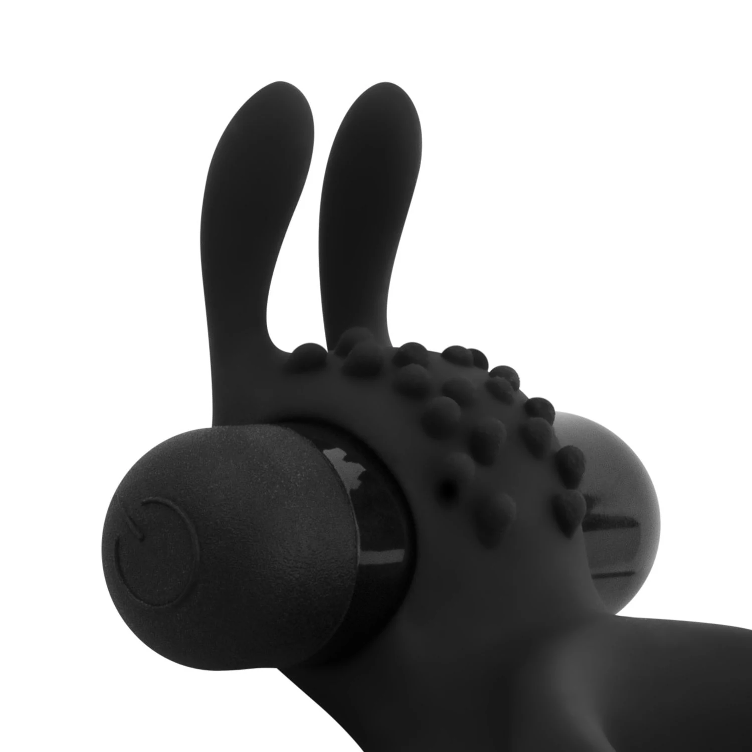 Zwarte cockring met mini bullet vibrator, rabbit oortjes en 1 stand