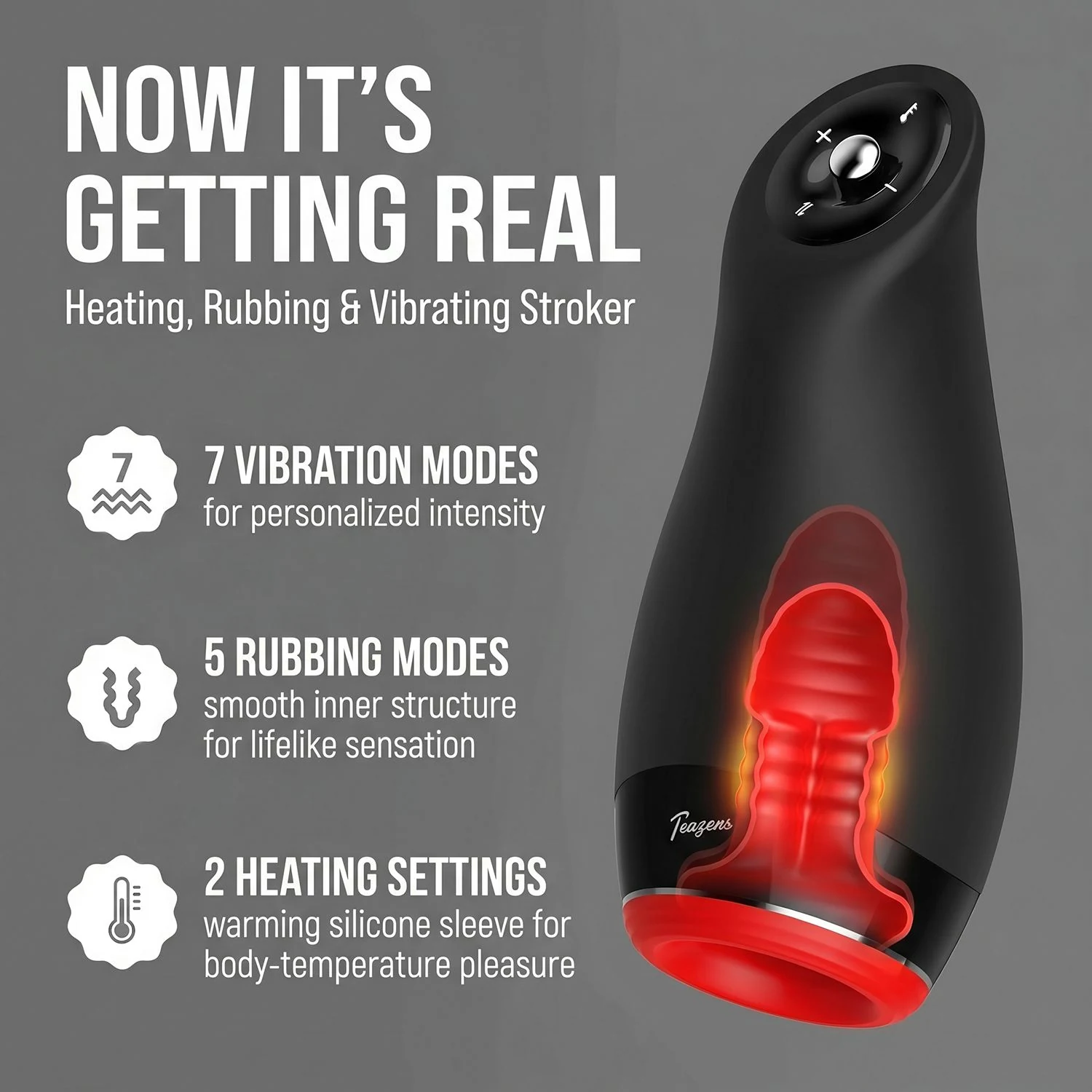 Teazers verwarmende oral masturbator met vibratie en zuiging