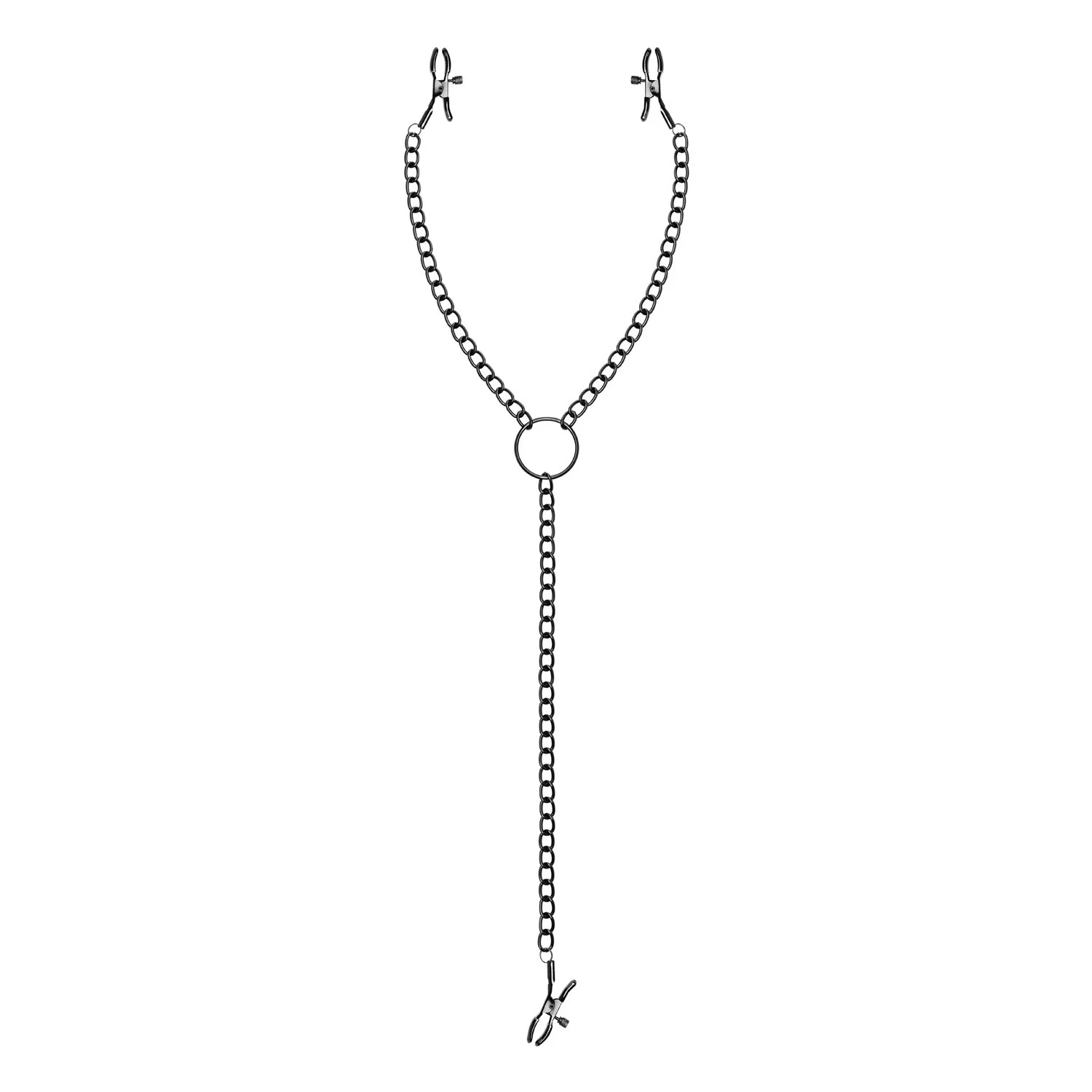Zwarte tepel en clitorisklemmen met antislip topjes en bodyketting