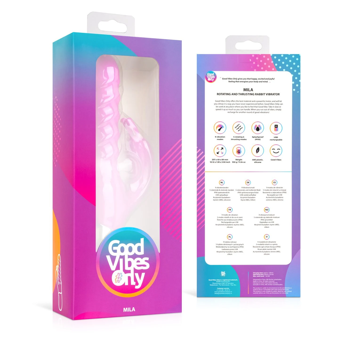 257 mm roze vibrator met 49 mm breedte en 89 mm hoogte